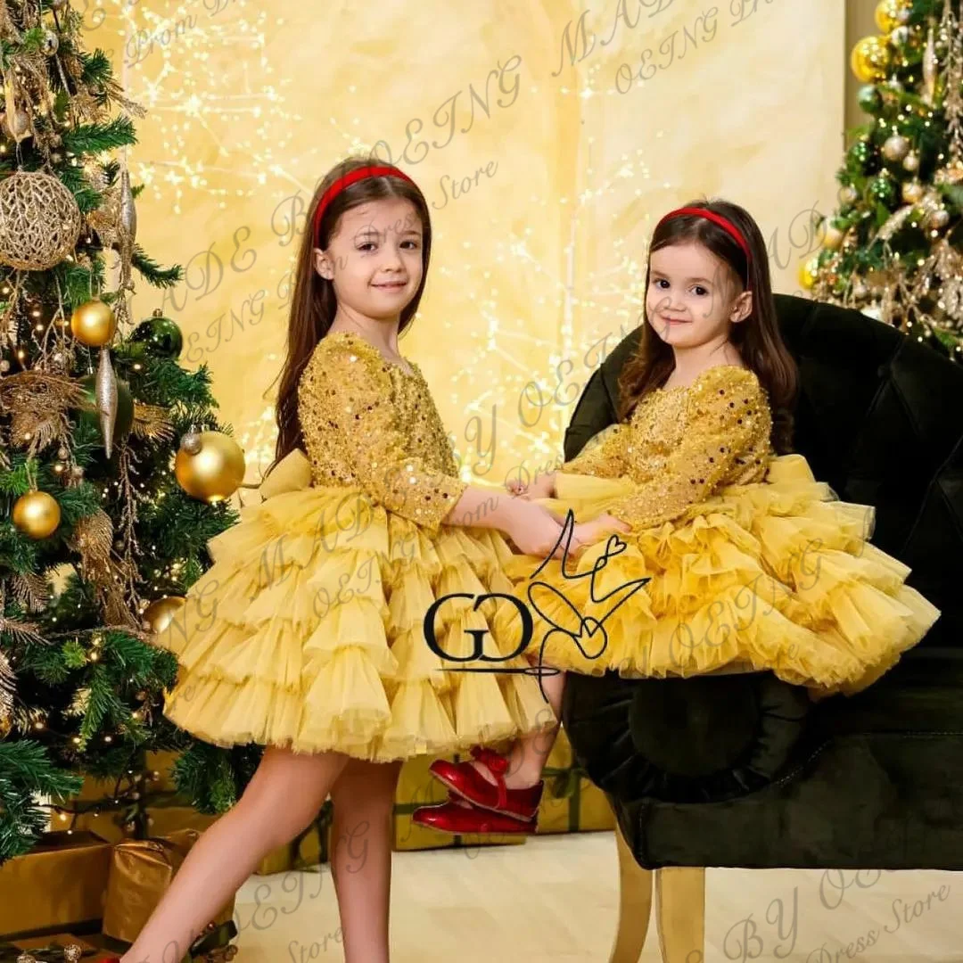 OEING Glitter Mother And Daughter Dresses Shiny Tulle Tiered Photo Shoot Scoop Neck Prom Gowns Elegant Long Sleeves Dresses