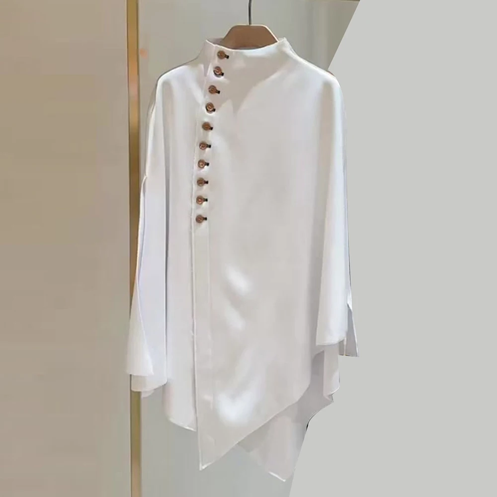 

Solid color ancient loose personalized button top autumn high-end lazy super good-looking sleeve top blusas mujer