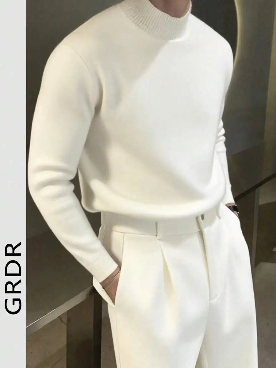 

Men's Solid Off-White Turtleneck Knit Pullover Sweater for Autumn Winter