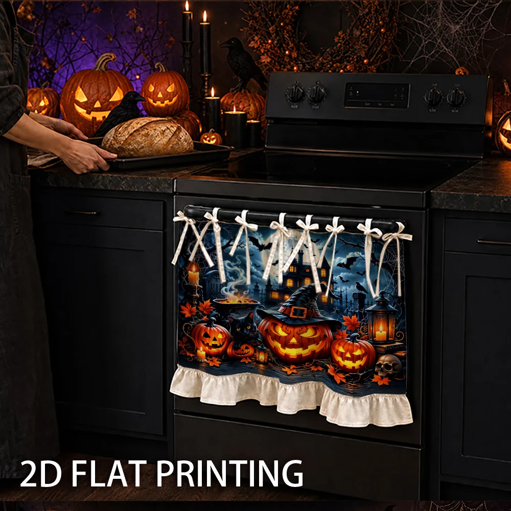 1PC kitchen stove curtain, cabinet curtains, and an apron. Features a 2D graphic print design with motifs including pumpkins, wi