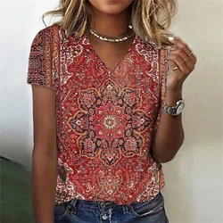 Women T-shirt Bohemian Ethnic Floral 3D Print Vintage Y2k Top Streetwear Harajuku Oversized T Shirts V-Neck Tees Female Clothing