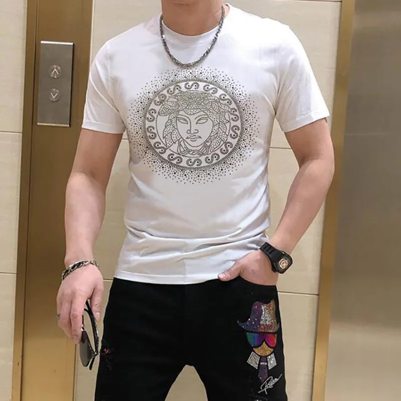 S-5XL Rhinestone Casual Men's  Drop Shipping  T-shirt 100% Cotton Top Quality Rhinestone  Men T shirt  For Men Tee 154