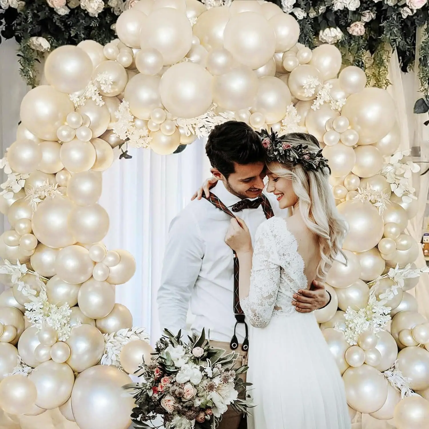بالونات بيضاء لؤلؤية محشوة مزدوجة بالونات رملية بيضاء طقم إكليل زفاف العروس لتكون زينة الذكرى السنوية لحفلات أعياد الميلاد