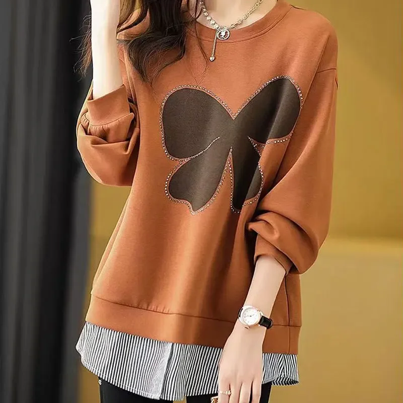 Two Pieces Striped Patchwork Pullovers Spring Autumn Stylish Diamonds Female Clothing Korean Loose Bow Printed Sweatshirts A525