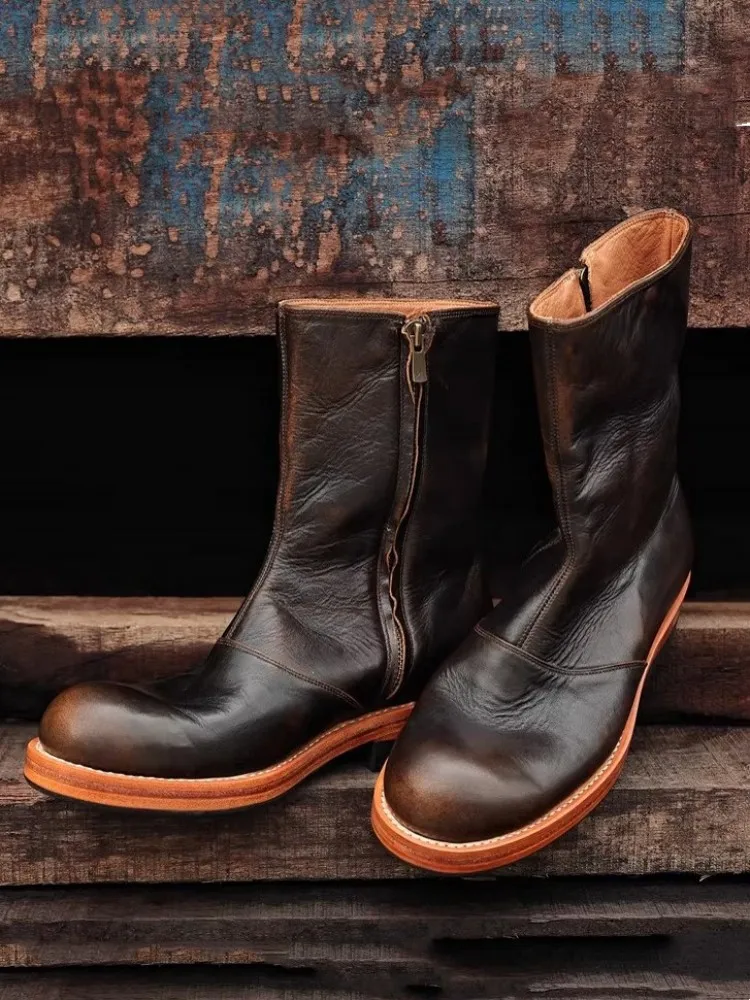 Designer Vintage Mens Genuine Leather Chelsea Boots High Quality Handmade Round Toe Mid Calf Motorcycle Shoes Male Cowboy Boots