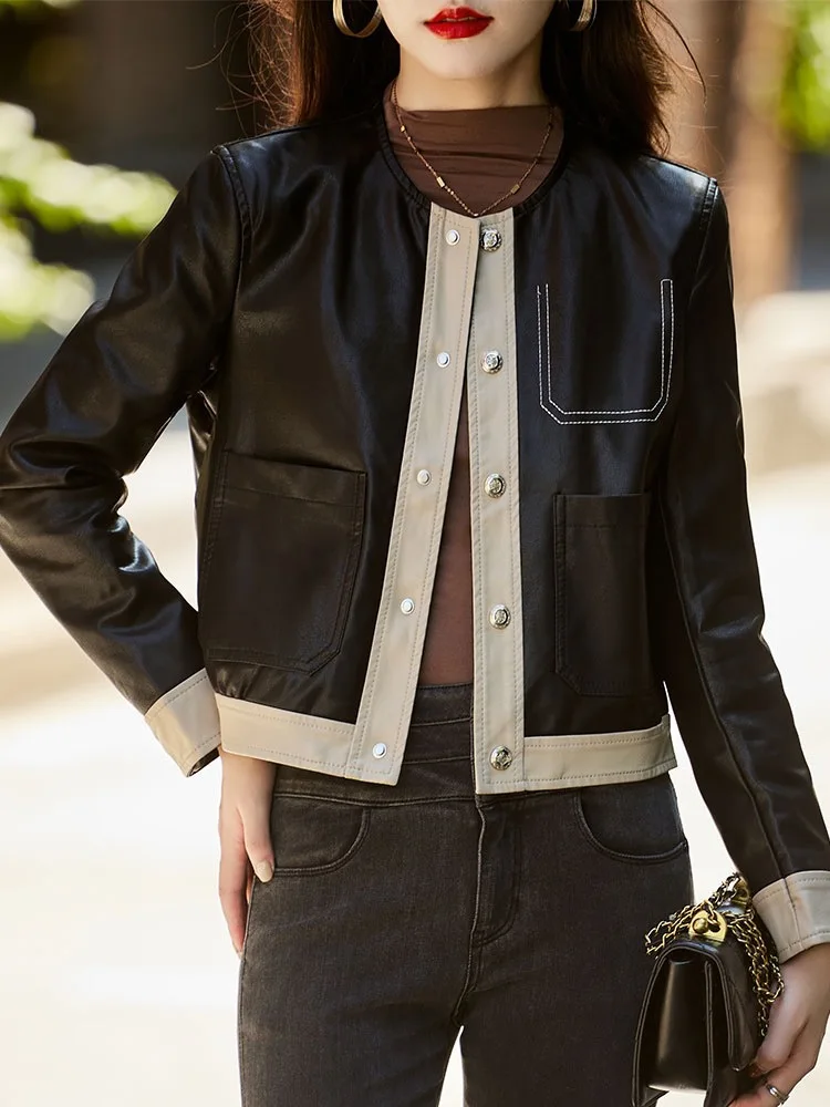 Manteaux en Faux cuir pour femmes, veste courte épissée, col rond, manches longues, simple boutonnage, ample, élégant, décontracté, automne hiver 2025