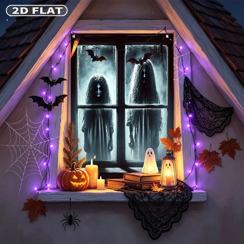 2D FLAT 1pc Party Window Cover Banner, with Two Ghostly Girls Behind Foggy Window Pane, No Power Need Home Decor