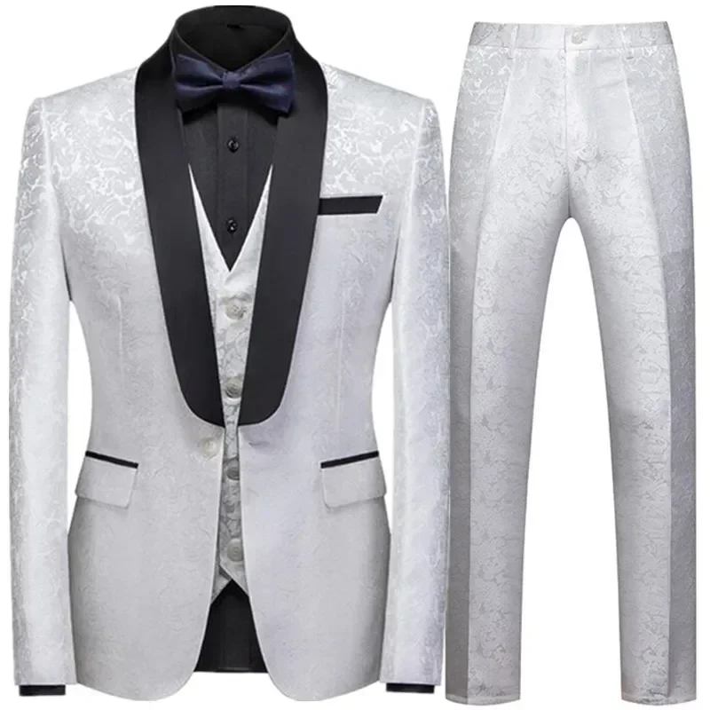 

2023 Spring Autumn Men's Casual Business Boutique Flower Suit 3 Pcs Set / Male Blazers Coat Jacket Pants Vest Trousers Waistcoat