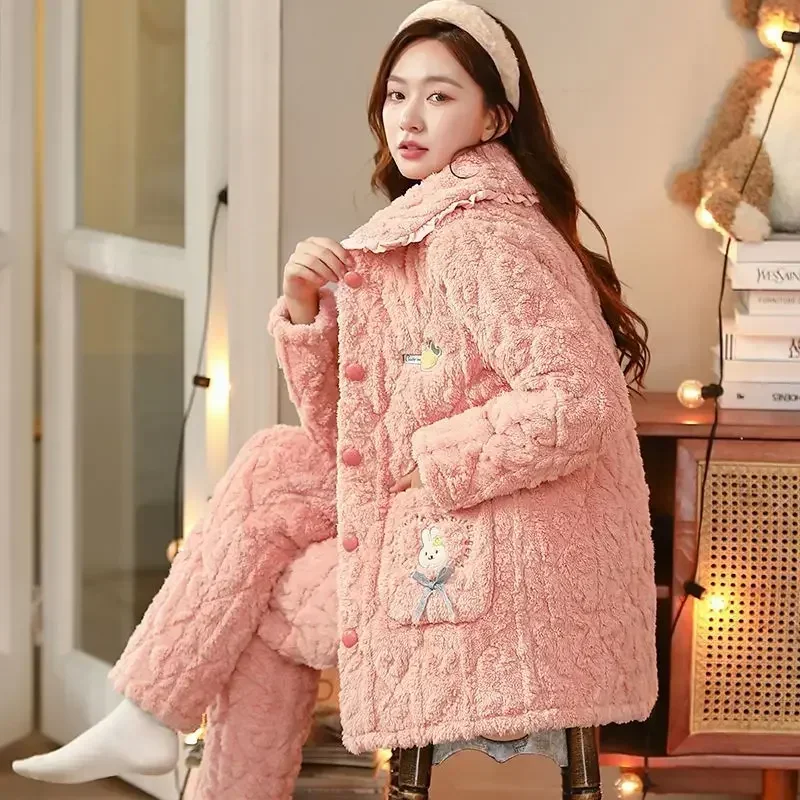 Winter New Women Pajamas Coral Fleece Cotton-Padded Jacket Warm Fleece-Lined Suit Loose Comfortable Home Wear Coat Emboitement