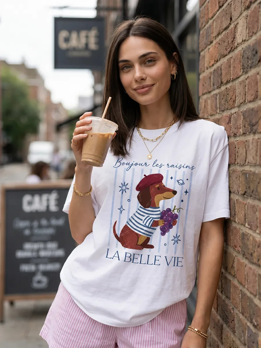 French Dachshund With Grapes Print Women Summer All-Match T-Shirt Y2K Soft Clothes Loose Cotton Tops Comfortable Sport Tee Shirt