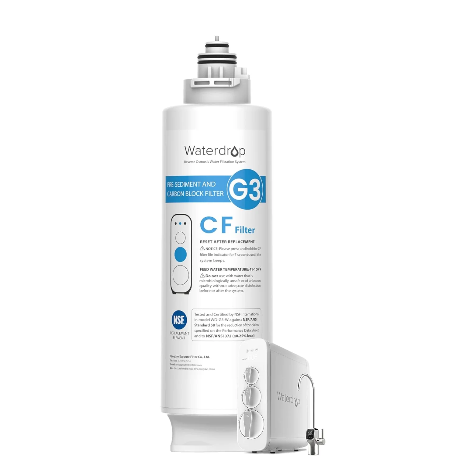 Waterdrop WD-G3-CF Filter, Replacement for WD-G3-W, WD-G3P600 and WD-G3P800-W Reverse Osmosis System, 6-Month Lifetime