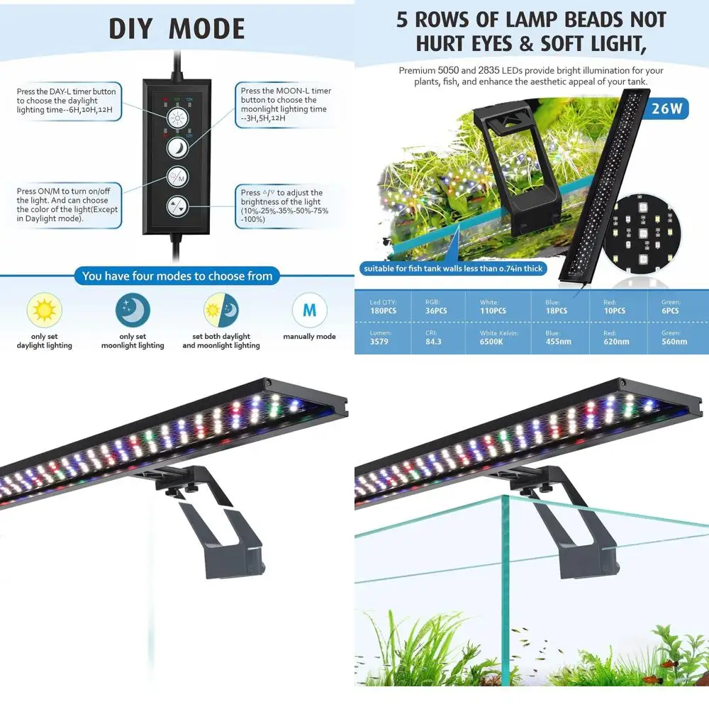

Светодиодный светильник для аквариума 26W с полным спектром и двойным таймером день/ночь - подходит для аквариумов с растениями