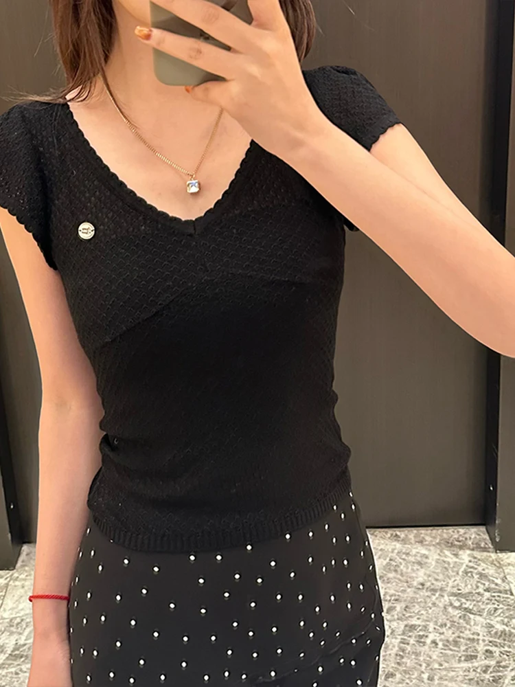 

LZY Zhin Bla White ort Sve V-Ne Футболка Женская внутренняя одежда Топ Faionable Fly Sve Design Slim Fit Смесь полиэстеров