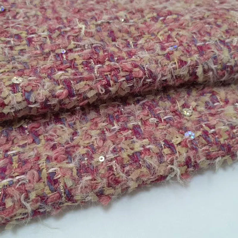 

Pink Color and Sequin Yarn Dyed Braided Tweed Fabric For Woman's Autumn Jacket Dress Suits Coat DIY Cloth Sewing Material