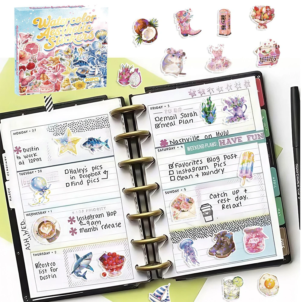 

10/30/50/100/200pcs Vintage Cute Watercolor Aesthetics Stickers Cartoon Creative Decals Suitcase Phone Guitar Graffiti Sticker