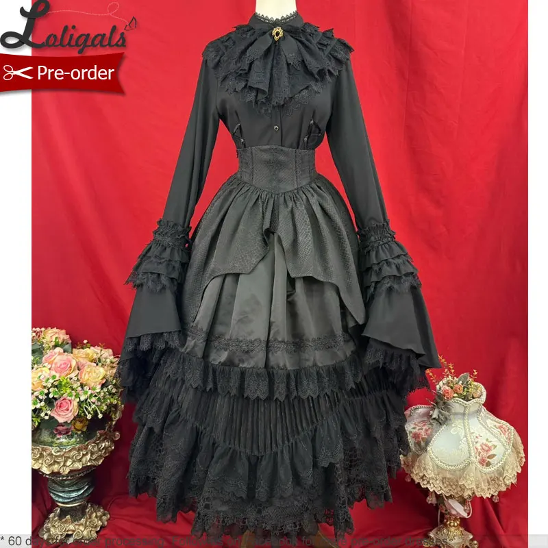 Vorbestellung: Gothic-Lolita-Hemd mit langen, ausgestellten Ärmeln und langer Partyrock mit Empire-Taille ~ Broken Wings
