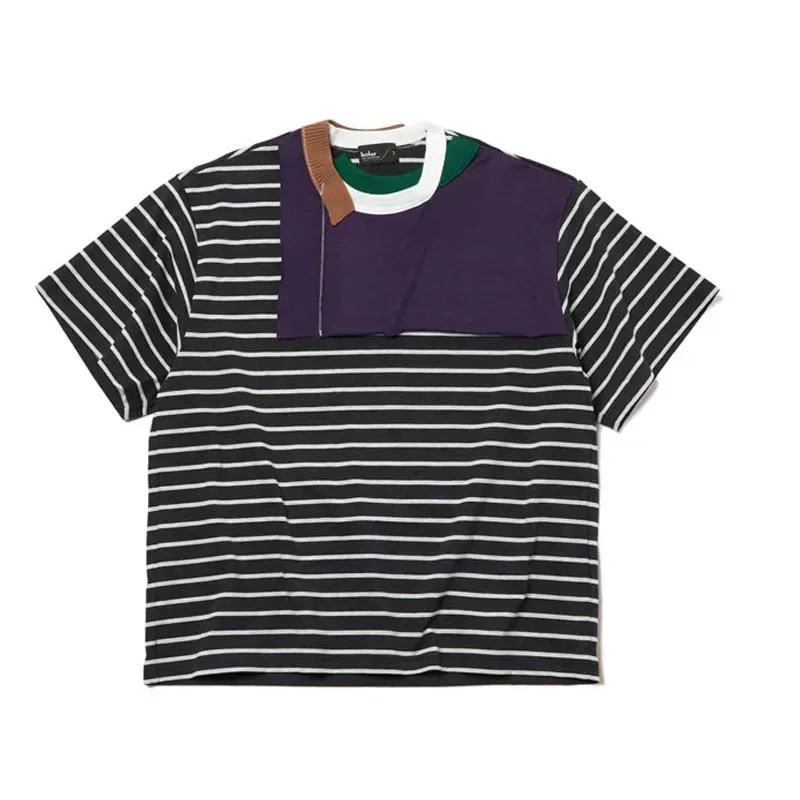 

New Arrival 23SS KOLOR Abe Runyi Japan Bicolor Cotton Irregular Spliced Round Neck Short Sleeve Stripe T-shirt for Men