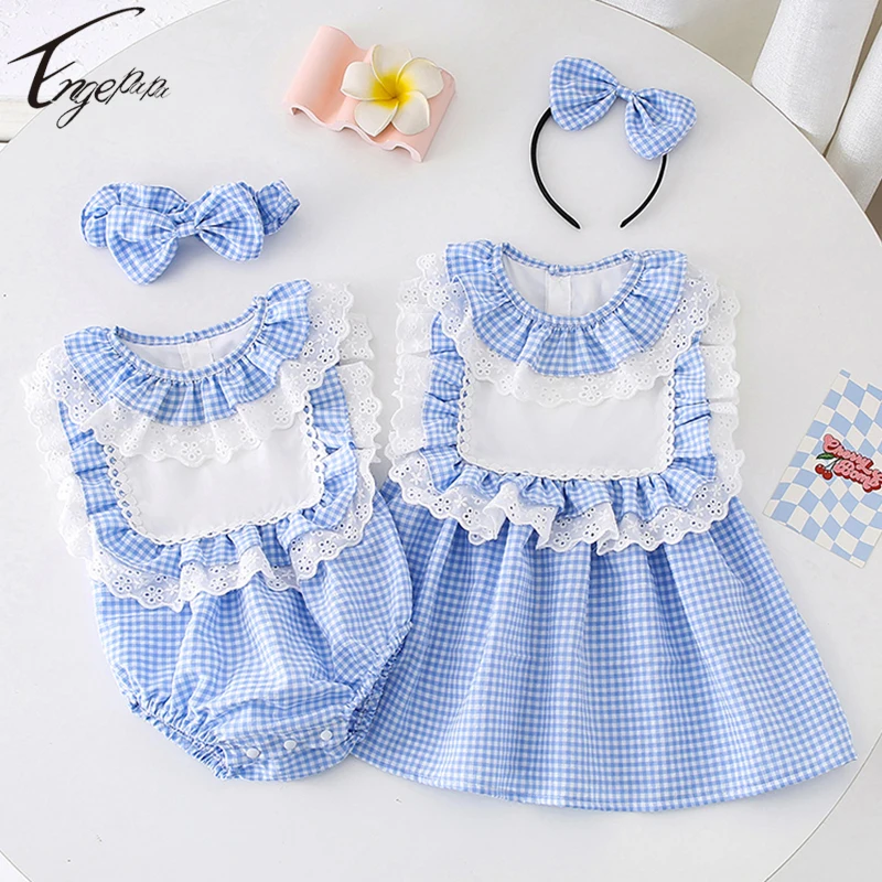 Princess Toddler Infant Baby Girls Sleeveless Plaid Romper Summer Kids Girls Sweet Lace Dress Summer Baby Girls Sister Clothes