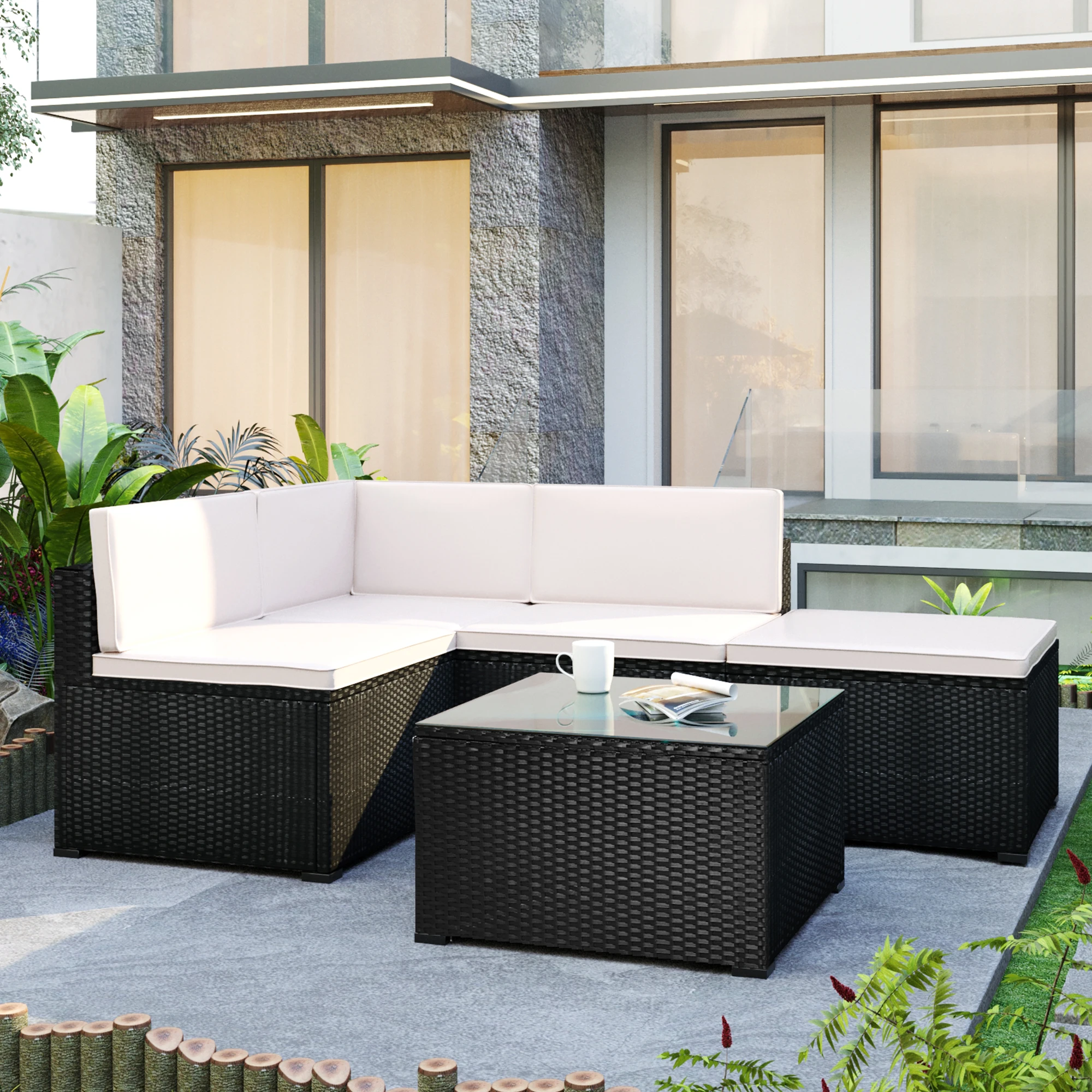 5-stück Terrasse Rattan PE Wicker Möbel Ecke Sofa Set Terrasse Möbel Set Für Hinterhof Veranda Pool,