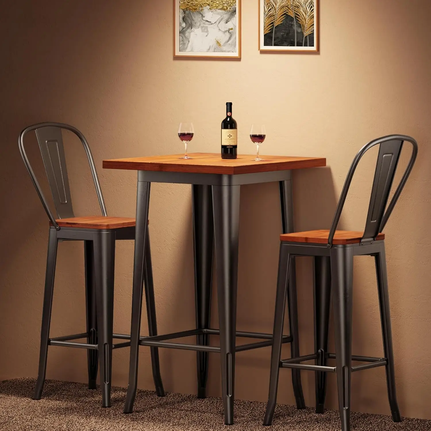 Bar Table and Chairs Set, Pub Table and Chairs Set of 2, with Elm Solid Wood and Thickened Metal Frame, for Bar, Small Spac