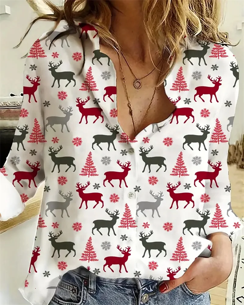 Camisa con estampado 3D para mujer, camisa de manga larga con solapa y botones para fiesta navideña, alta calidad, XS-6XL, 2023