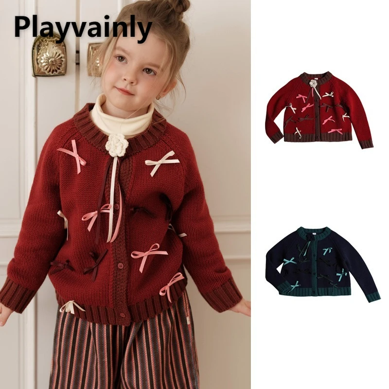 

Girls Knitted Cardigan with Sweet Bow Tie Strap Red Dark Blue Single Breasted Sweaters Coats Autumn Winter Kids Clothes W5203