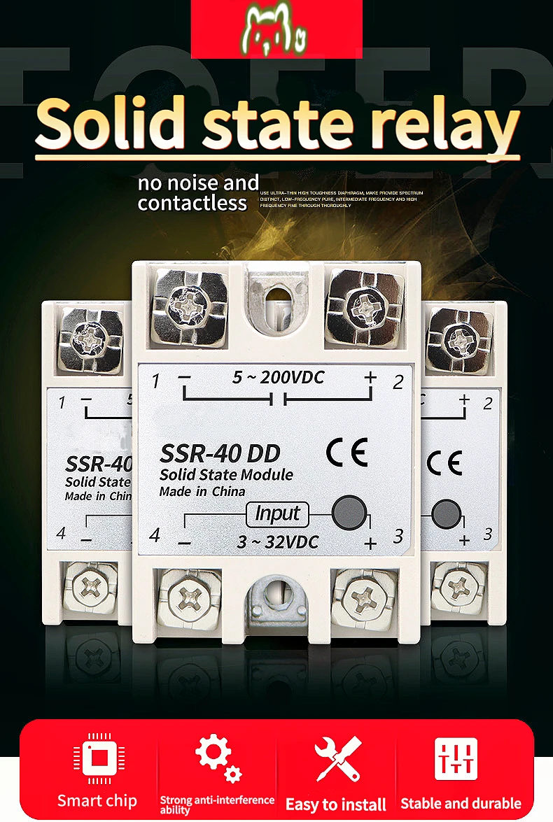 Relé de estado sólido monofásico, Controle DC, SSR-25DD, 10DD, 40DD, 60DD