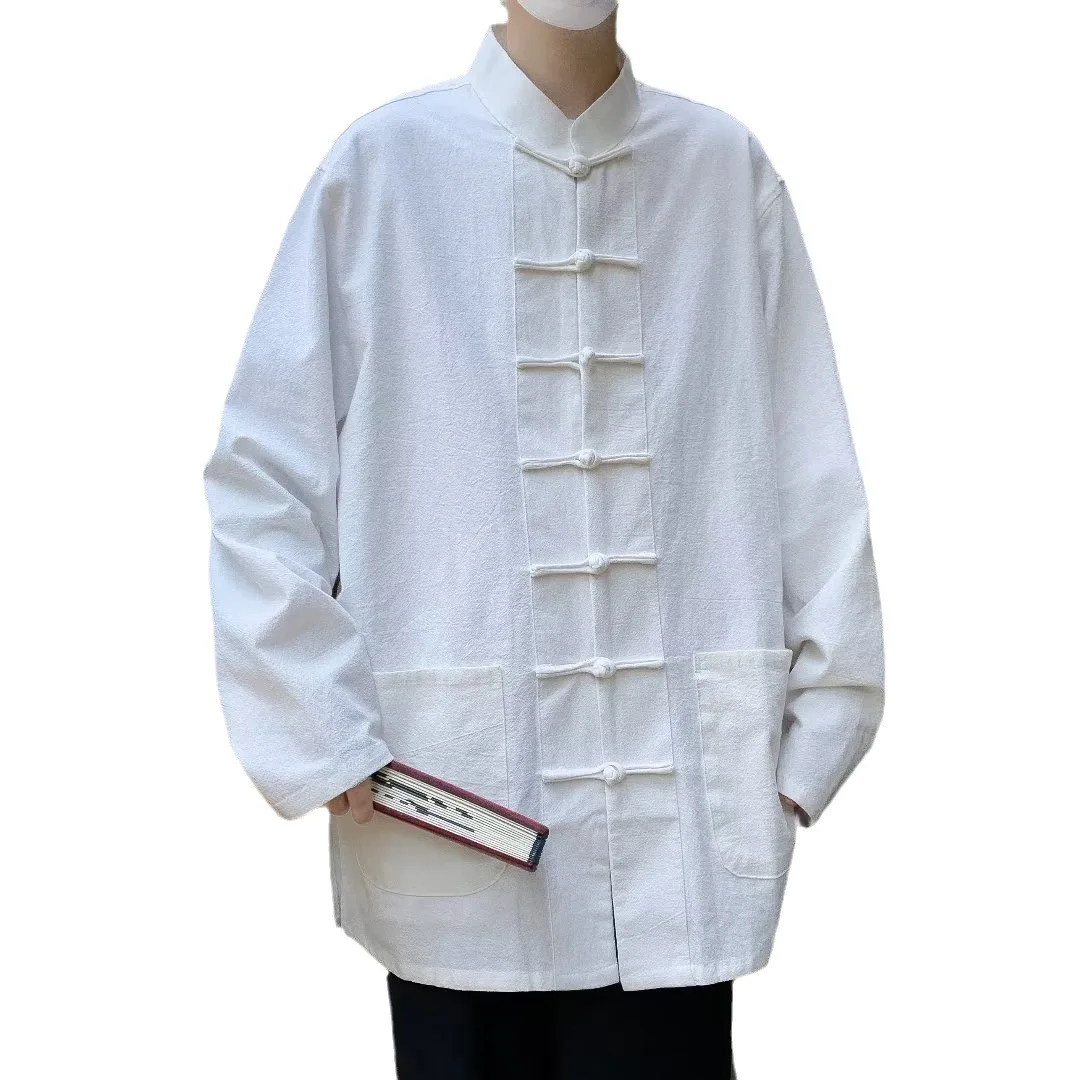 Chinese Stijl Shirt Tang Suit Opstaande Kraag Gewassen Katoenen Shirt Lange Mouw Heren Gesp Klassieke High-Grade Zen Jas Kleding