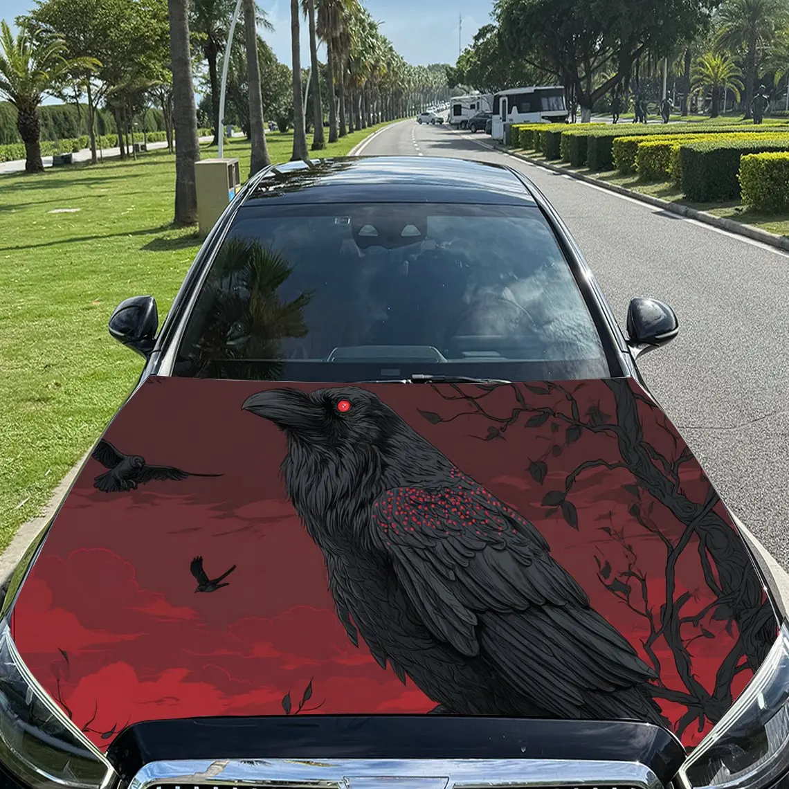 Enchanting Crows on Branches PVC Car Engine Hood Vinyl Wraps, Self-Adhesive Waterproof Car Hood Decal Sticker, Car Decoration Pr