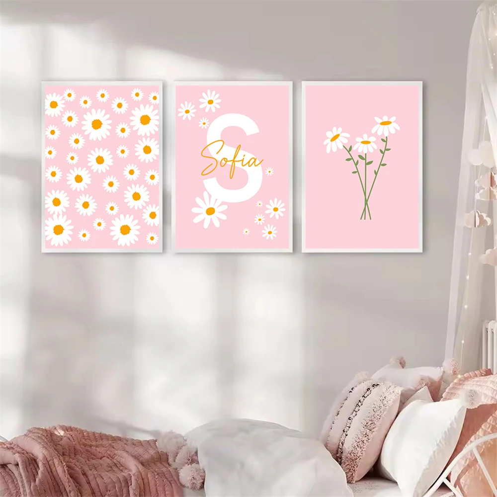

Pink Floral Daisy Print Custom Name Art Poster Canvas Painting Flower Nursery Wall Art Picture Nordic Baby Kids Girls Room Decor