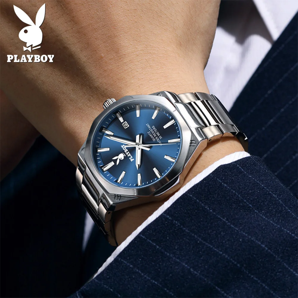 PLAYBOY 3123 Men's Watch Solid Stainless Steel Fashion Watch Waterproof Automatic Date Luminous Quartz Watch Men's Watch
