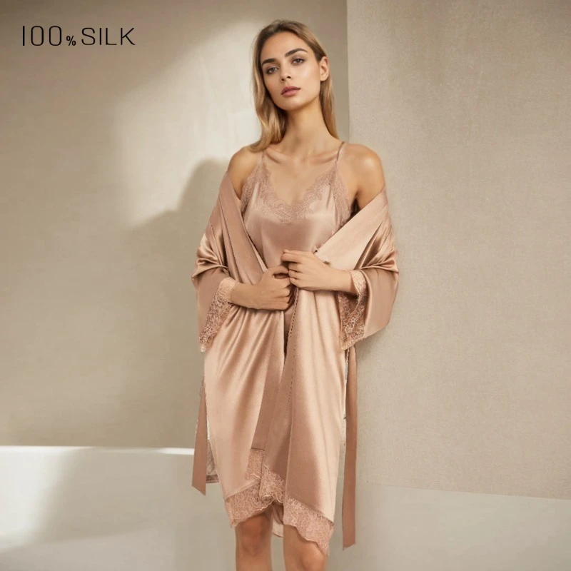 

2025 Spring Autumn New Women's Heavyweight 19 momme Silk Robe Luxurious 100% Mulberry Silk Morning Gown Slip Dress Sexy XL Size