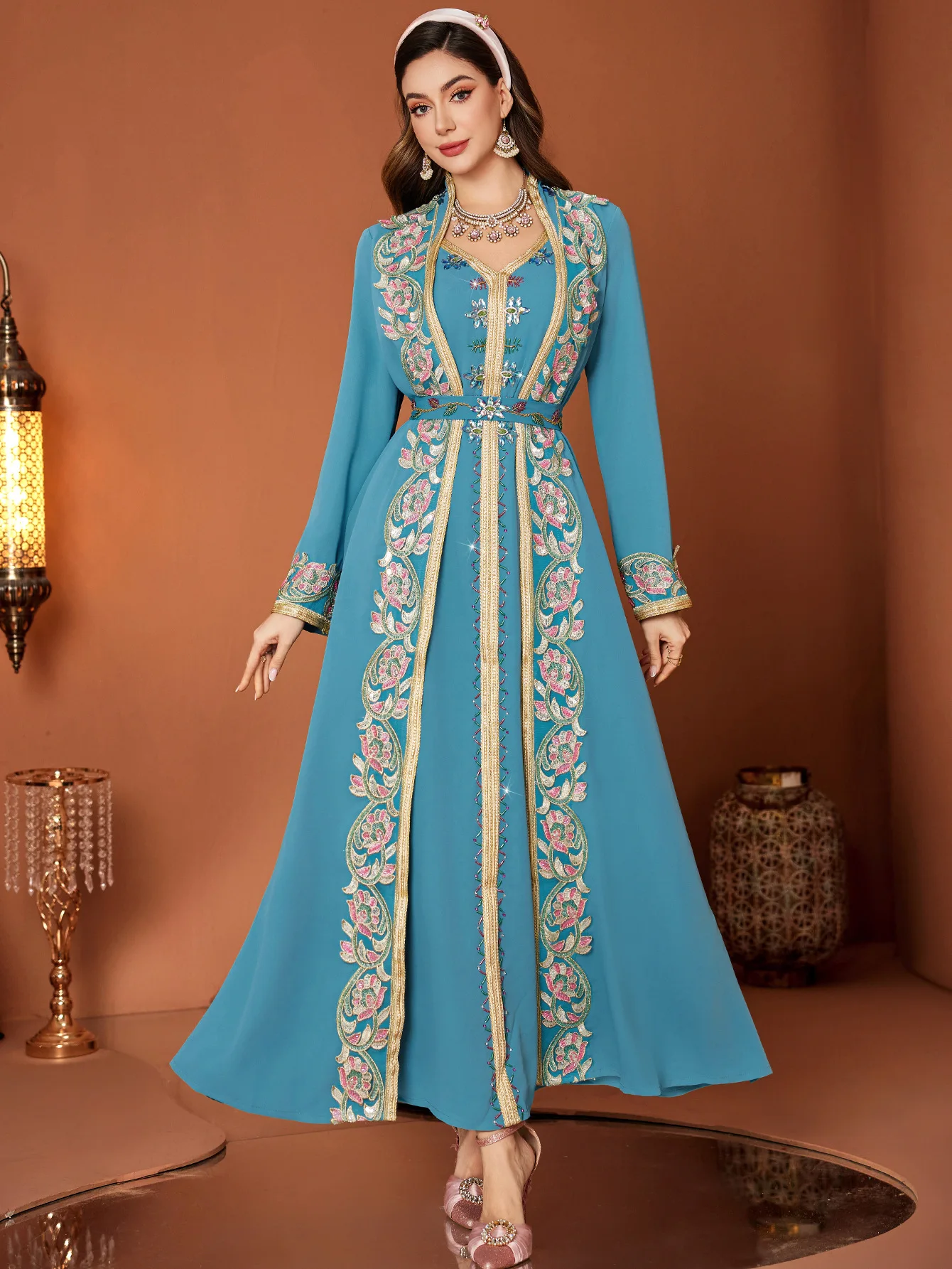 

Eid Muslim Dress Women Abaya Lace Diamond Fake 2 Piece Long Dresses Vestidos Largos Party Caftan Ramadan Dubai Long Robe 2025