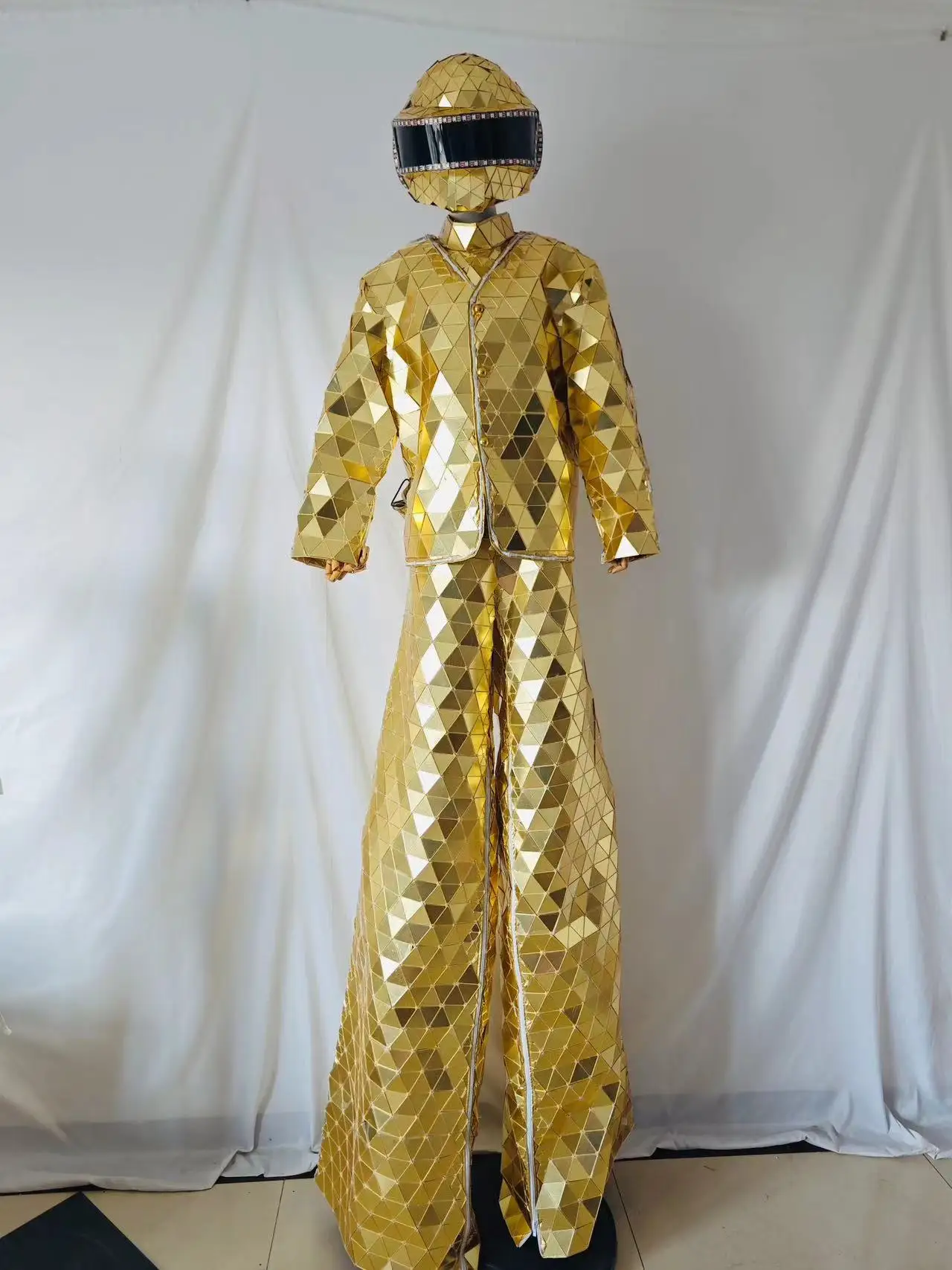 Silver Gold Mirror Man Show Suit Hand Sewn LED Stilts Walker Stage Performance Suit Dance Clothing for Party Nightclub