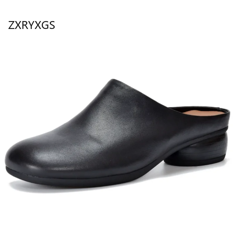 

ZXRYXGS Топовые женские тапочки из натуральной кожи с круглым носком, весна-лето 2026, полностью из натуральной кожи, комфортные, универсальные, на среднем каблуке
