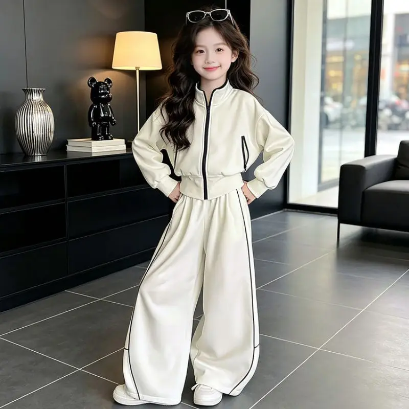 Spring Autumn Girls Apricot Tracksuit Casual Stand-up Collar Sweatshirt + Sweatpants 2Pcs Sports Sets Children Clothes Suit