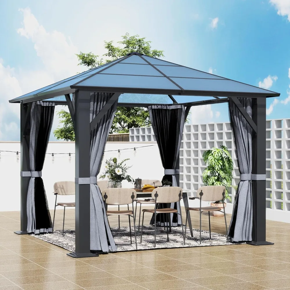 

10'x10' Hardtop Gazebo,Gazebo with Translucent Roof, Polycarbonate Top Metal Frame Garden Tent with Breathable Mesh and Curtains