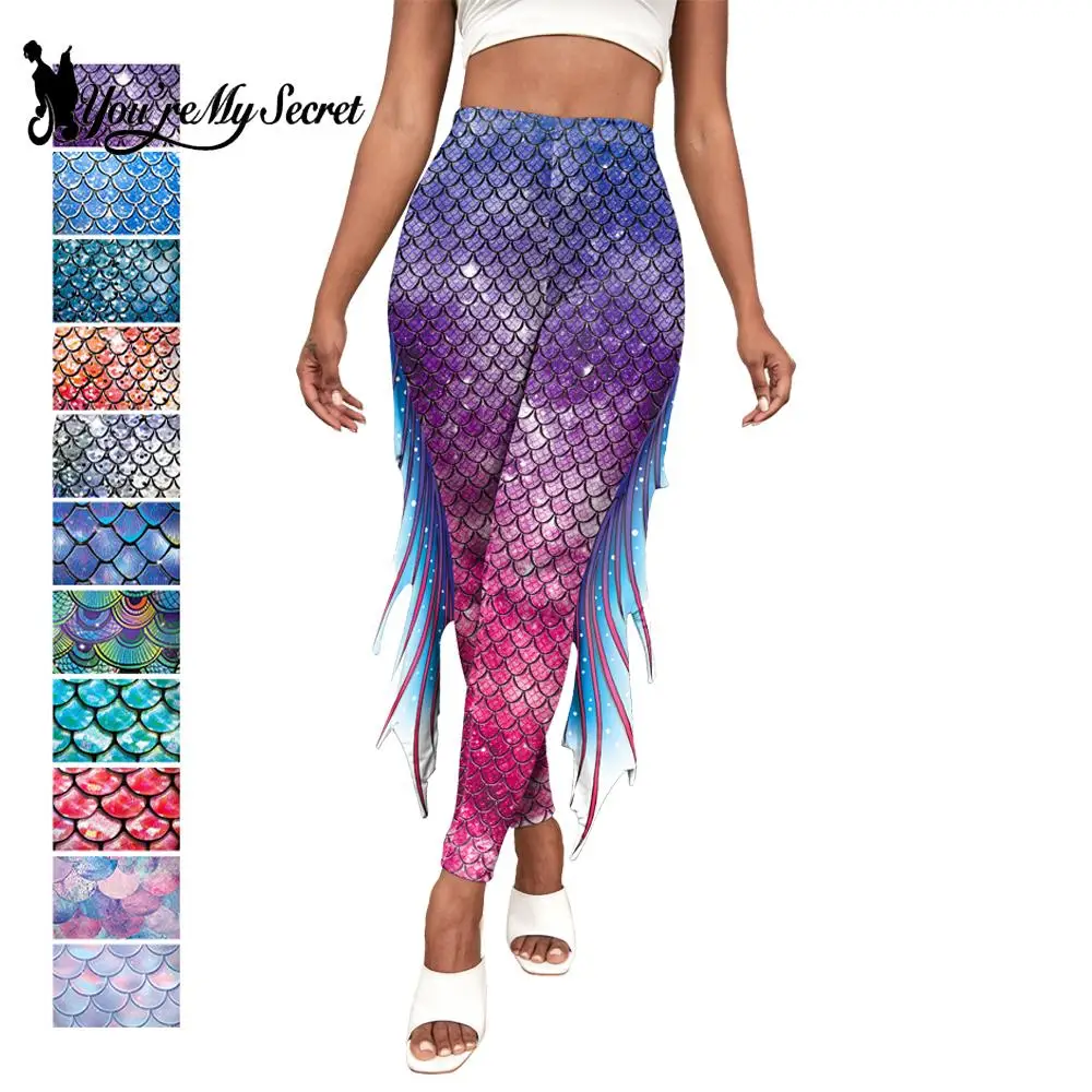 

[You're My Secret] Women's Leggings Color Fish Scales Print Tights Cosplay Mermaid Party Trousers Beach Pants Gym Elastic Bottom