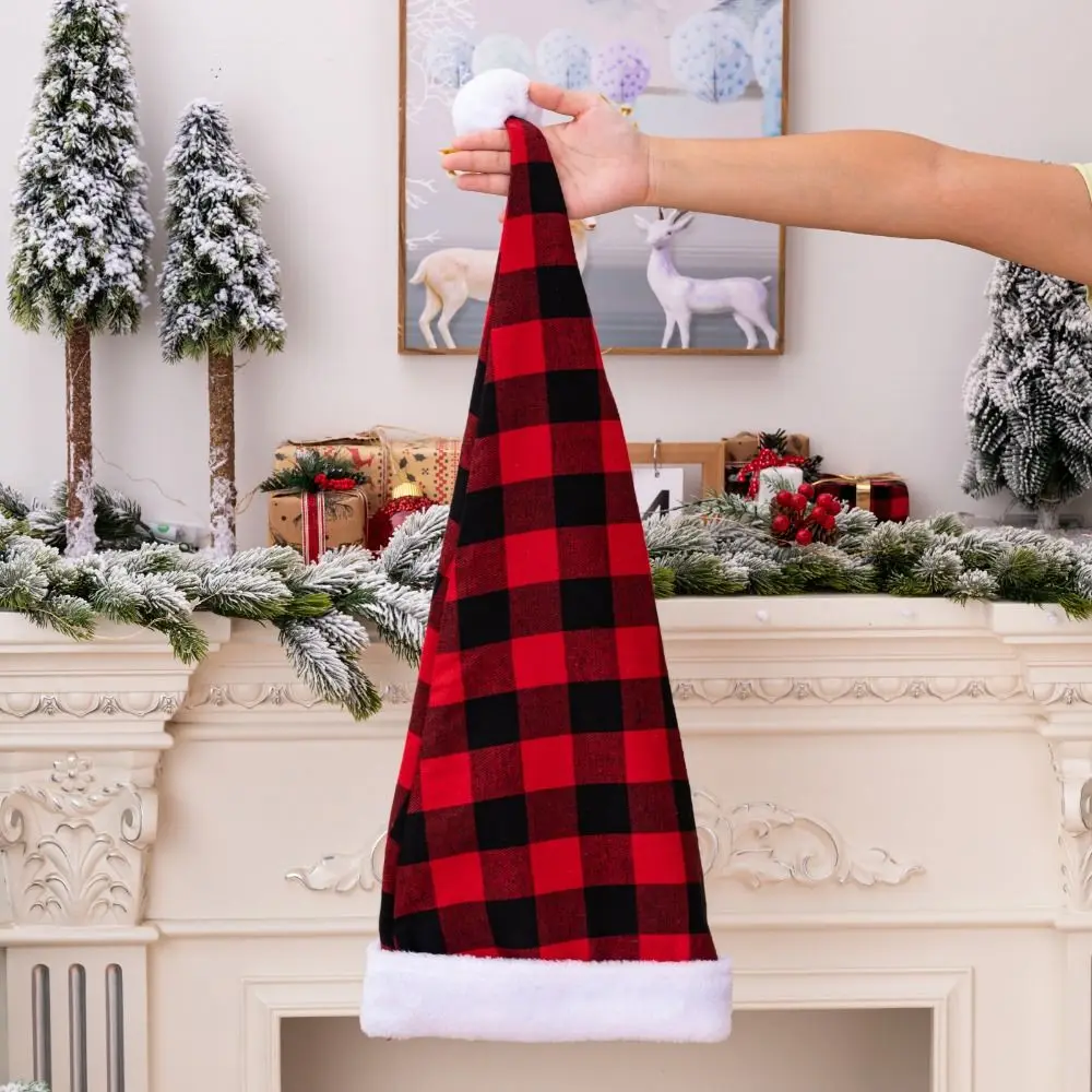 

Merry Christmas Decoration Christmas Hat Santa Claus New Year Dress Up Santa Claus Hat Plaid Korean Style Red Plush Hat Children