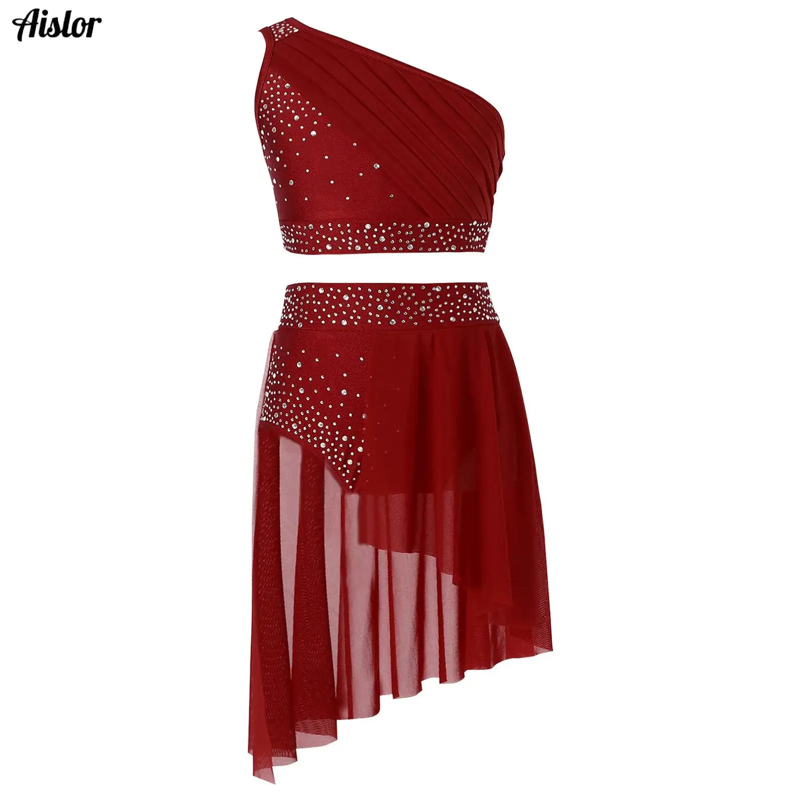 

Girls Lyrical Dance Skirt Dress Modern Dance Leotard Shiny Rhinestones Mesh Overlay One Shoulder Crop Tops+Skirted Briefs Outfit