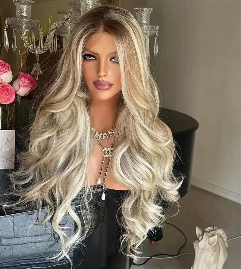 32 Inch Super Long Wave Wig Ombre Platinum Golden Blonde Highlights Synthetic Lace Front Wig Original Factory Cheap Wigs Party