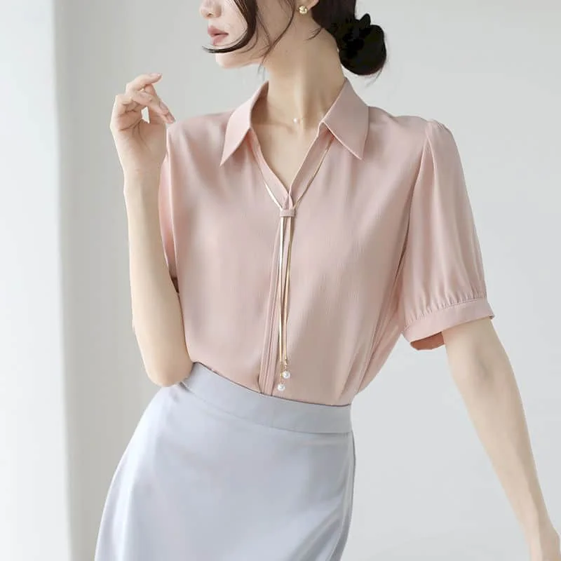 Satin Chiffon Shirts for Women Temperament Half Sleeve Elegant Korean Style Polo-neck One Piece Retro Blouse Office Women Tops