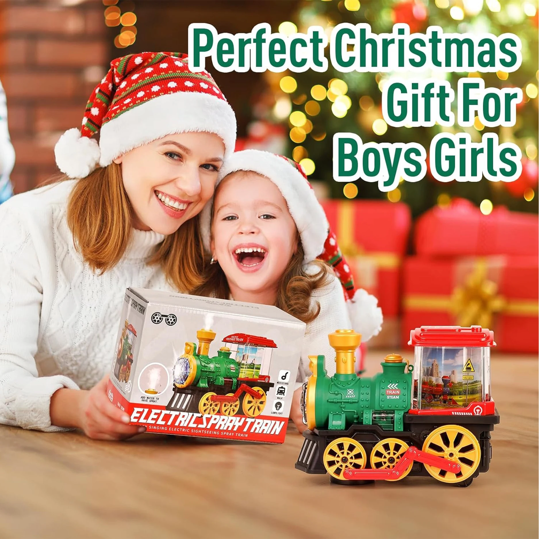 لعبة قطار بخاري كهربائي، شاحنة تحطم مع قاطرة بخارية، دخان، أضواء وأصوات، شاحنة قطار عيد الميلاد تدور 360 درجة