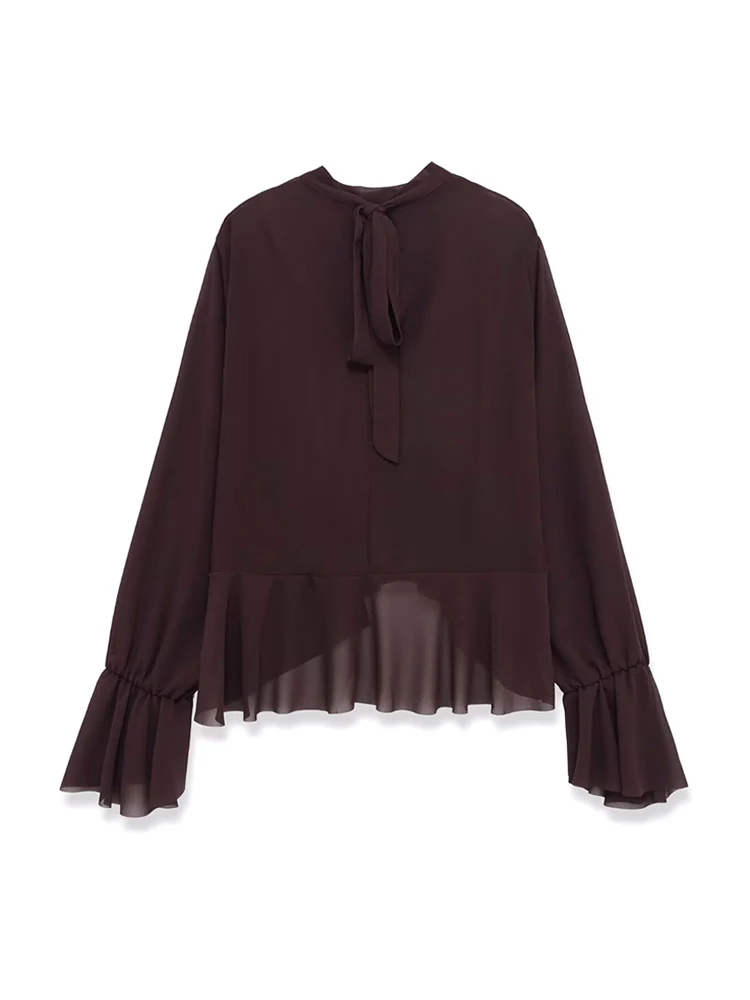 Camicetta asimmetrica semitrasparente chic da donna Camicie femminili alla moda sexy a maniche lunghe con fiocco sul retro