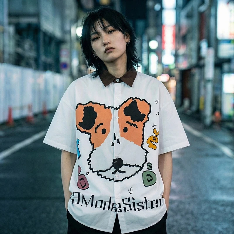 

Мужская рубашка из 100% хлопка с мультяшным принтом собаки, короткий рукав, белый контрастный воротник, оверсайз, уличный стиль, винтажная, унисекс, топ в стиле Харадзюку