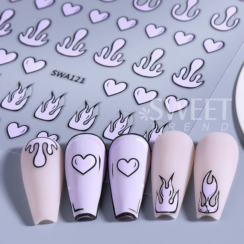3 pçs quadrinhos amor coração adesivos de unhas rosa azul dos desenhos animados amor fogo chama decalques de unhas design diy decoração verão chama sliders manicure
