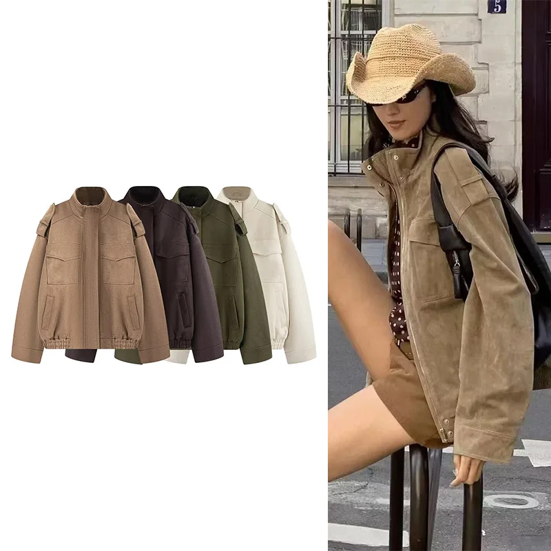 

NERHEFZ Suede Leather Women Fashion Jacket Autumn Winter Warm Long Sleeves High Collar Zipper Lady Elegant Coat Chic Female Tops