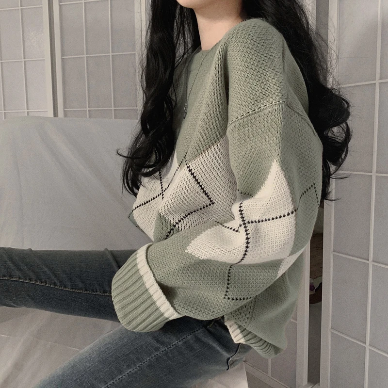 Fall Winter Vintage Loose Knitted Sweater & Jumpers Women Square Plaid Pullovers Cable Knit Tops 2023