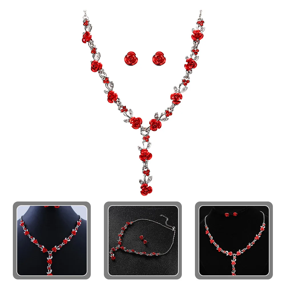 

1Set Red Jewelry Sets for Women Rose Necklace Earrings Wedding Costume Accessories Necklaces for Women Jewelry Set