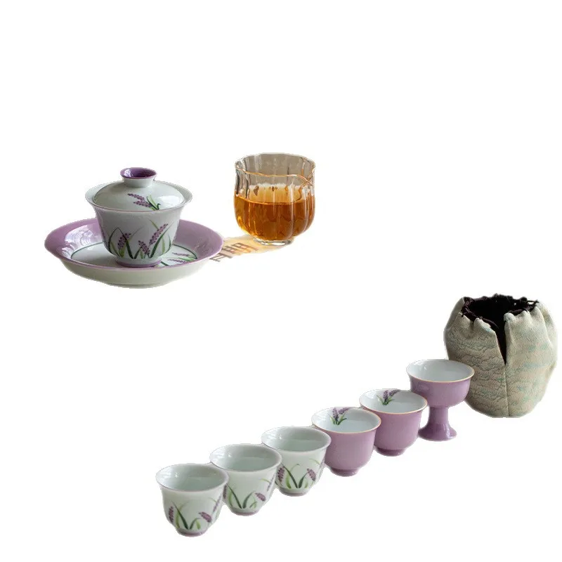Flowers bloom, hand-painted Kung Fu tea set, cover bowl, tea cup, complete set of gift boxes, literati ceramic tea set